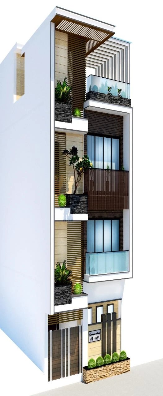 Rendered narrow apartment block with stacked planted balconies.