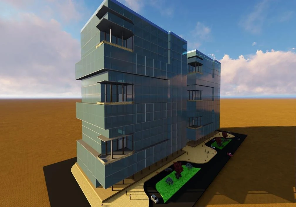 Rendered four-storey commercial block with a blue glazed curtain wall and cantilevered balconies.