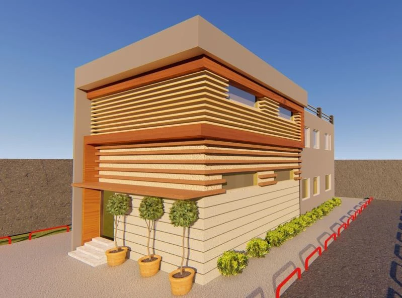 Rendered commercial frontage with horizontal timber louvres over a planted entrance terrace.