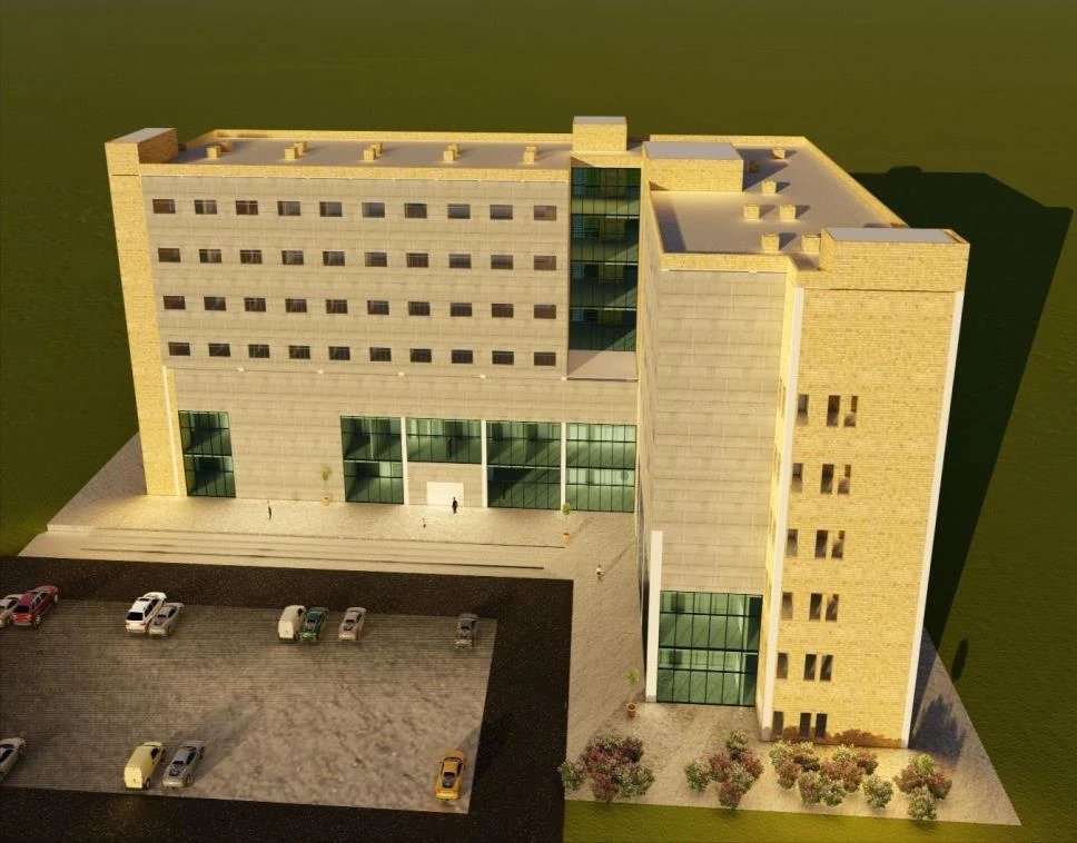Rendered institutional block in pale stone with green glazing, seen from above with cars in the forecourt.