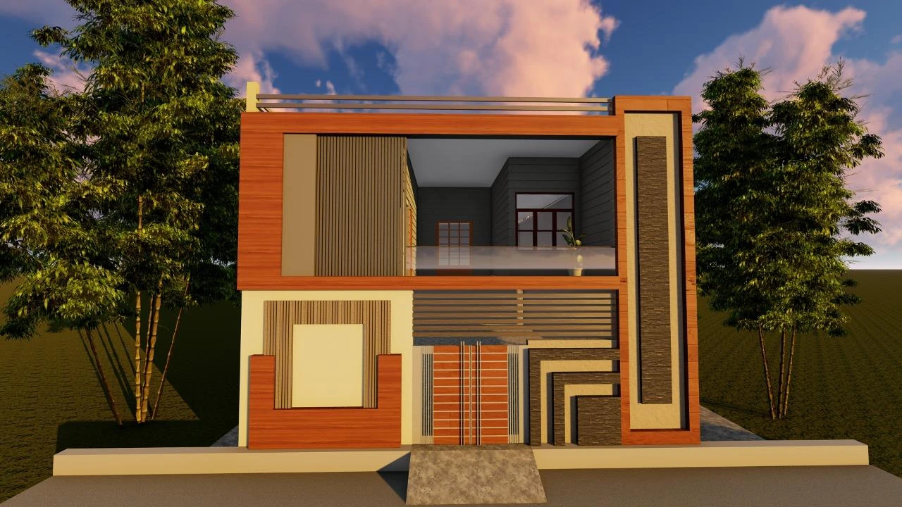 Rendered residential elevation with interlocking orange and grey panels framed by trees.
