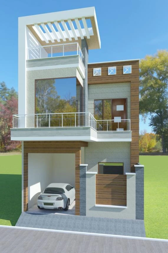 Rendered three-storey house with a projecting pergola, stone base and car port.