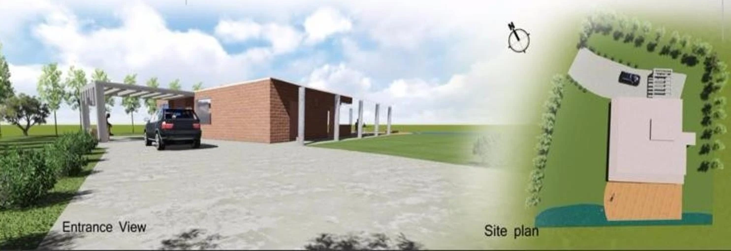 Cottage entrance view with a brick volume under a flat canopy, beside the coloured site plan.