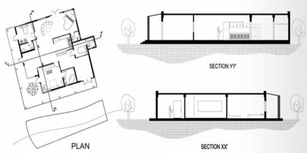 Cottage floor plan with sections YY and XX drawn beneath it.