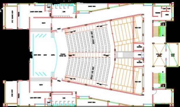 Ground floor plan of the auditorium with raked seating laid out in arcs and side aisles.