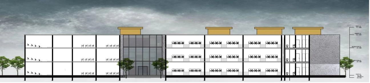 Long elevation of the college building with a glazed entrance bay and yellow canopies.