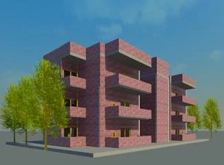 Three-dimensional view of the hostel block in red brick with recessed balconies.