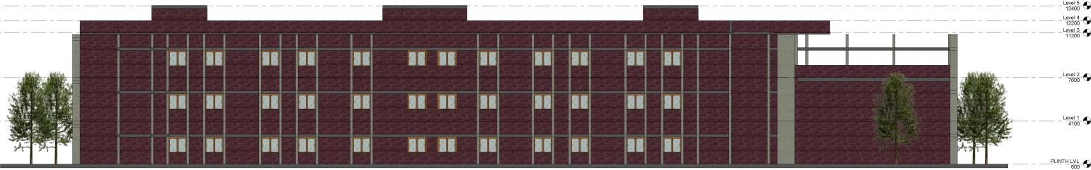 North elevation of the hostel block, four storeys, drawn with trees for scale.