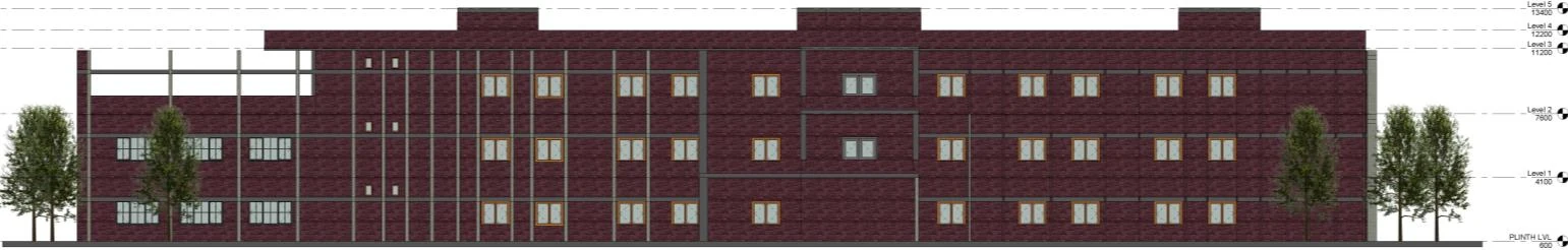 South elevation of the hostel block, four storeys with a projecting stair core.