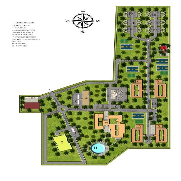 Coloured campus site plan for IIM Amritsar with a numbered legend, north point, academic blocks, hostels and a water body.