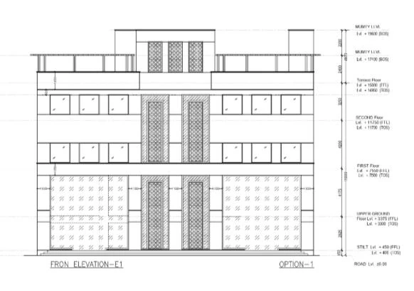 Front elevation E1 of the office building with floor levels annotated.