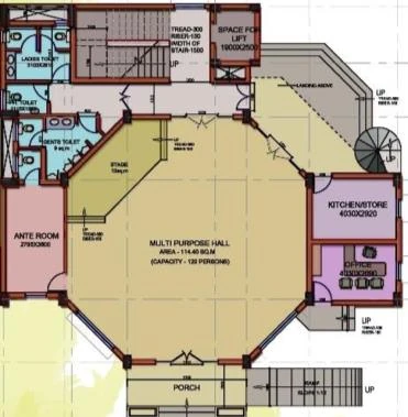 Ground floor plan of the community centre with an octagonal multipurpose hall, ante room and kitchen store.