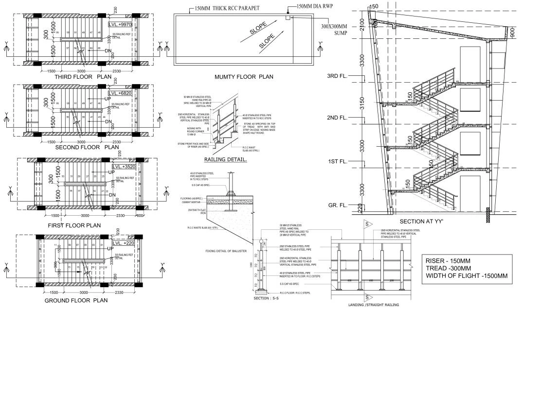Staircase details: ground to third floor plans, mumty floor plan, railing detail and section, with riser 150 mm and tread 300 mm noted.