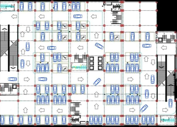 First floor parking plan with bays and one-way circulation marked.