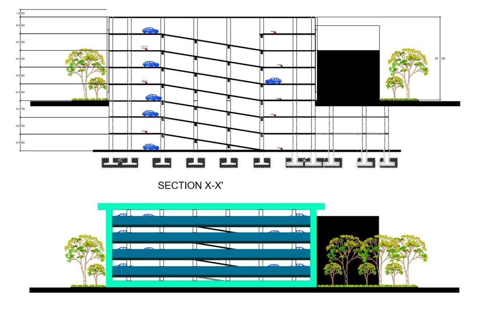Section X-X and elevation of the multi level car parking, showing the ramped split-level decks in cyan against the structural frame.