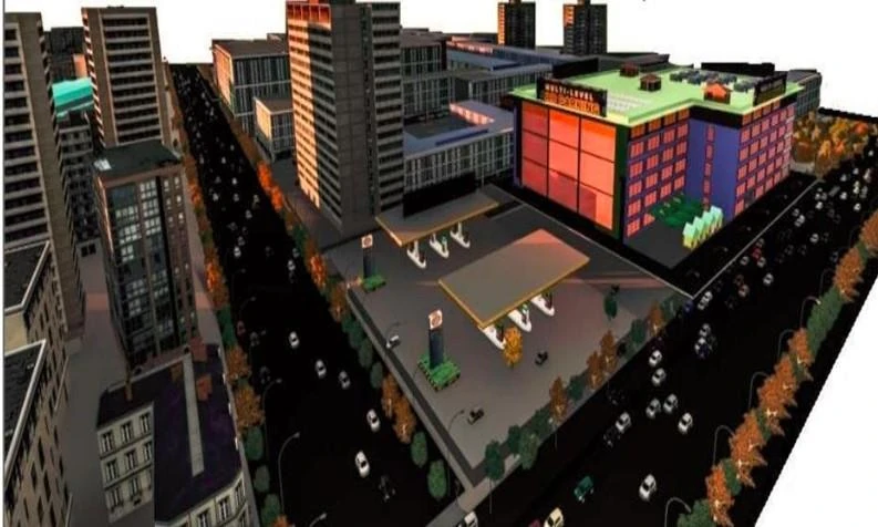 Aerial view of the proposed plan showing a stepped plaza between coloured commercial blocks.