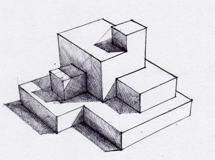 Hand-hatched axonometric sketch of stacked cubic volumes illustrating the cubism concept.