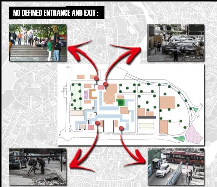 Entrance and exit analysis diagram with red arrows linking the site plan to photographs of undefined entry points.