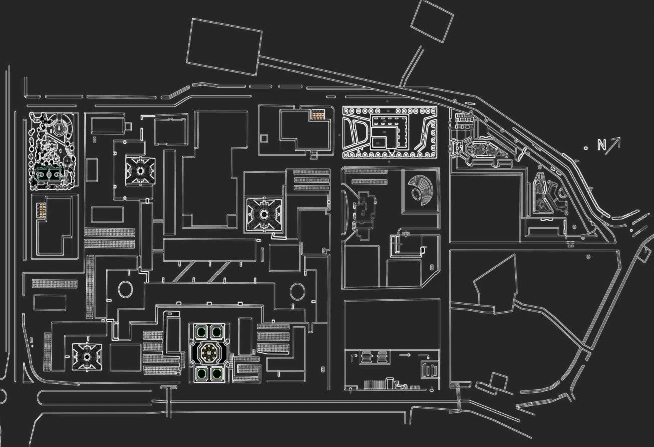 Proposed master plan of Nehru Place drawn in white line on black, with the surrounding road network and a highlighted intervention zone.