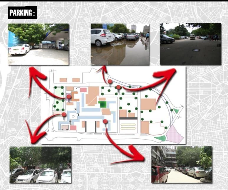 Parking analysis diagram: site plan with red arrows radiating out to photographs of cars parked across the existing precinct.