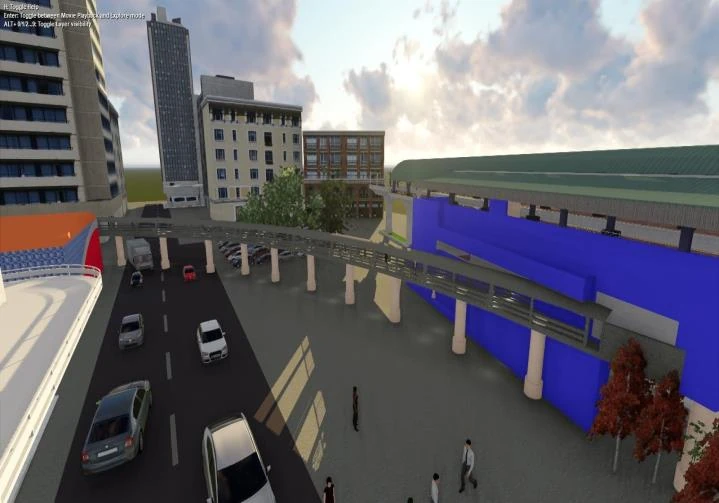 Street-level view of the proposal with the elevated frontage alongside moving traffic.
