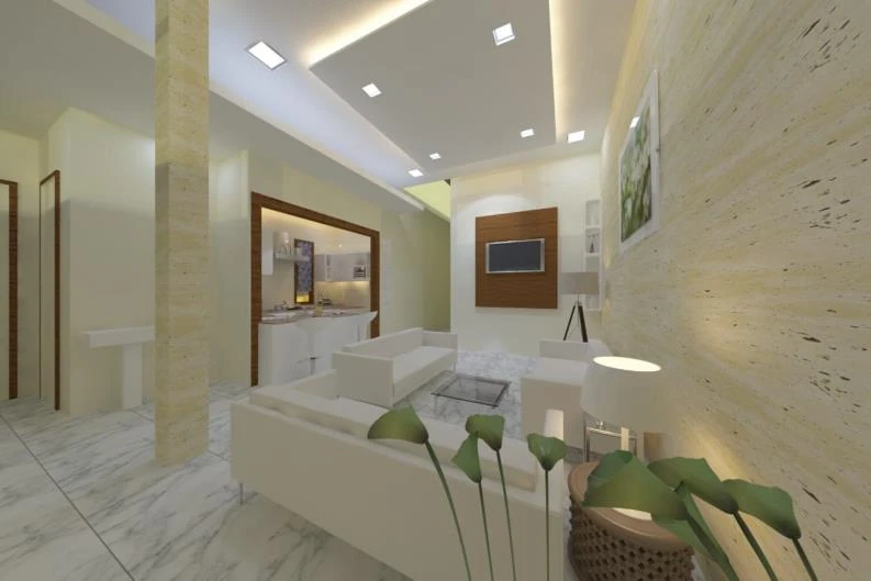 Bedroom interior with a patterned false ceiling and a fitted wardrobe run.
