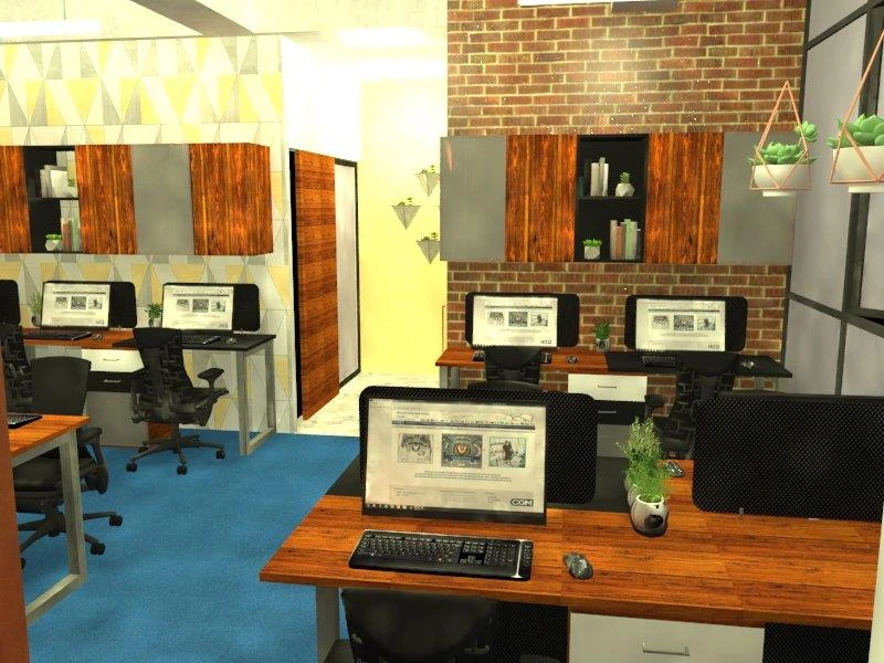 Office interior with an exposed brick wall, timber screen and glazed partition to a meeting area.