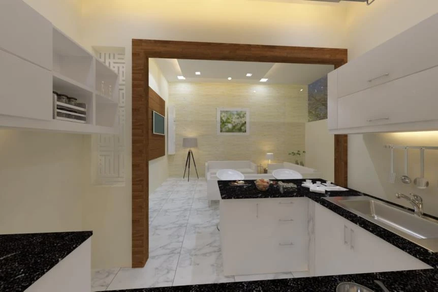 Lobby interior with a framed timber portal, marble floor and a mirrored vanity beyond.