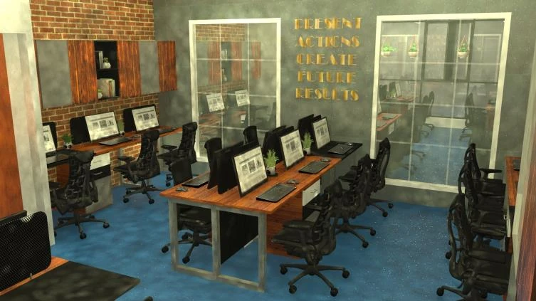 Open-plan office workstations with a long shared desk and glazed cabin behind.