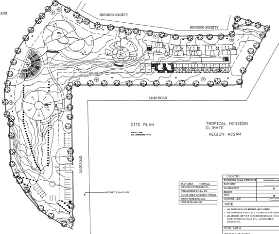 Health resort site plan with curved accommodation wings threaded through landscape.