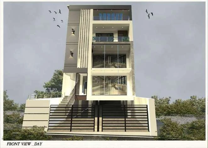Front view of the facade in daylight with a stepped entrance plinth and stacked balconies.