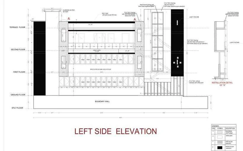 Left side elevation of the building with terrace, second, first and ground floor levels marked and an installation detail.