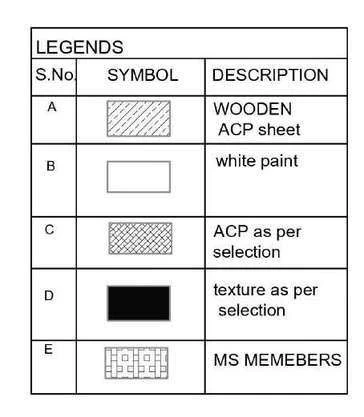 Legend table listing symbols A to E: wooden ACP sheet, white paint, ACP as per selection, texture as per selection and MS members.