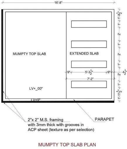 Mumty top slab plan with extended slab and parapet, framed in 2 inch by 2 inch MS with 3 mm ACP sheet.
