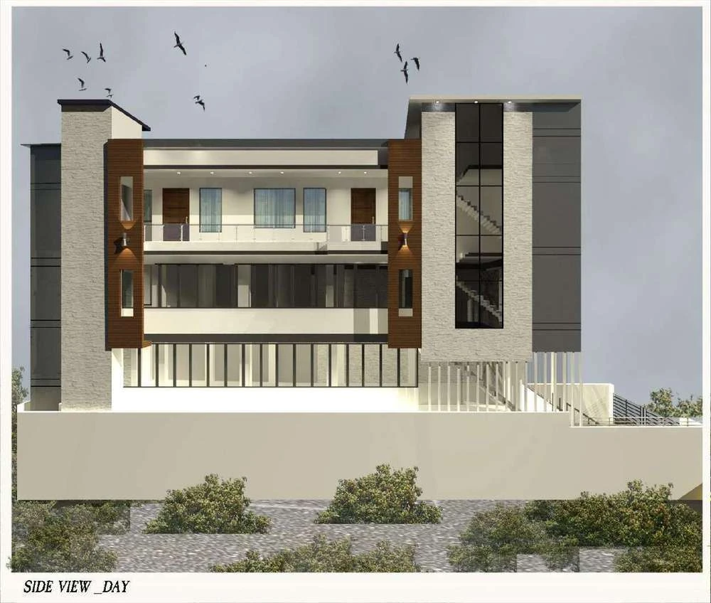 Side view of the facade in daylight: stone-clad piers, wood-effect ACP panels and deep recessed glazing across four storeys.