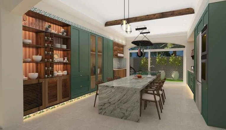 Dining area with open wooden shelving, a marble-topped table and pendant lighting.