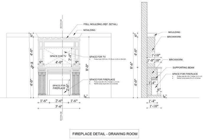 Fireplace detail elevation for the drawing room, dimensioned, with the space for the TV and fireplace called out against brickwork.