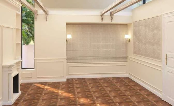 Rendered drawing room with fireplace, bay window, wooden flooring and wainscoting moulding.