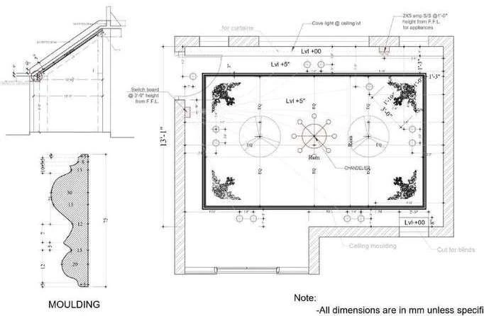 Drawing room floor and ceiling plan with an enlarged moulding profile and a note that all dimensions are in millimetres.