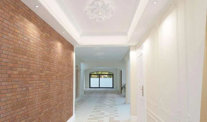 Foyer interior view: exposed brick side wall, panelled white walls and patterned marble floor running toward a glazed opening.