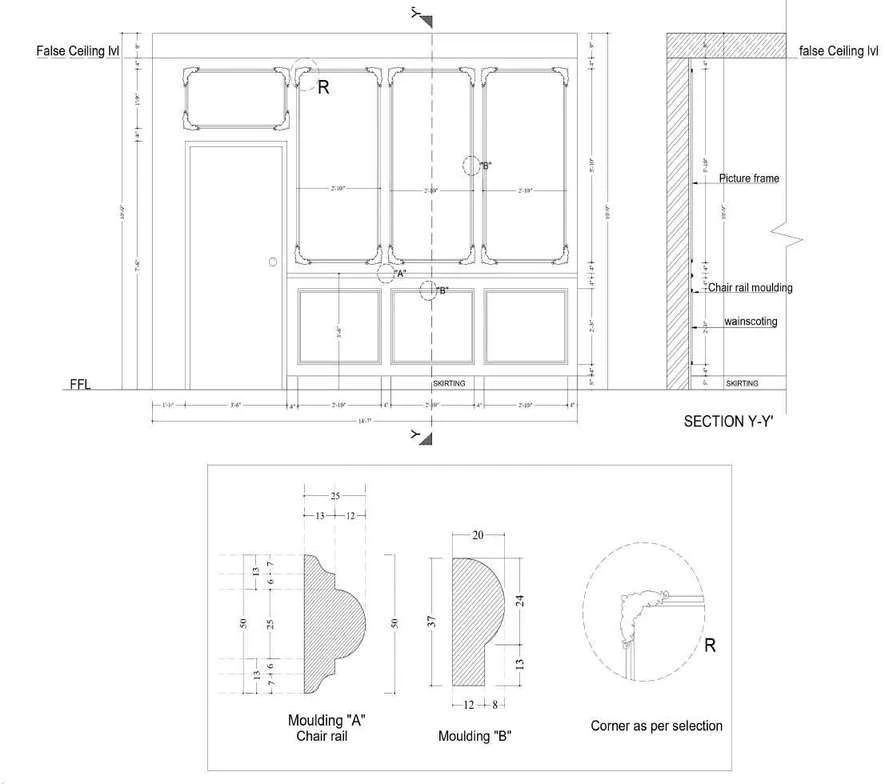 Foyer wall elevation with section Y-Y, and enlarged profiles for moulding A, moulding B and the corner selection.