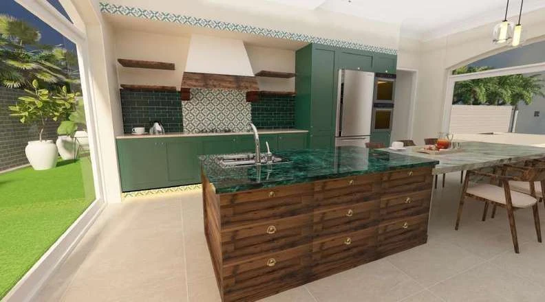 Kitchen with forest green vanities, a wooden island with drawers and a green marble worktop opening to the garden.
