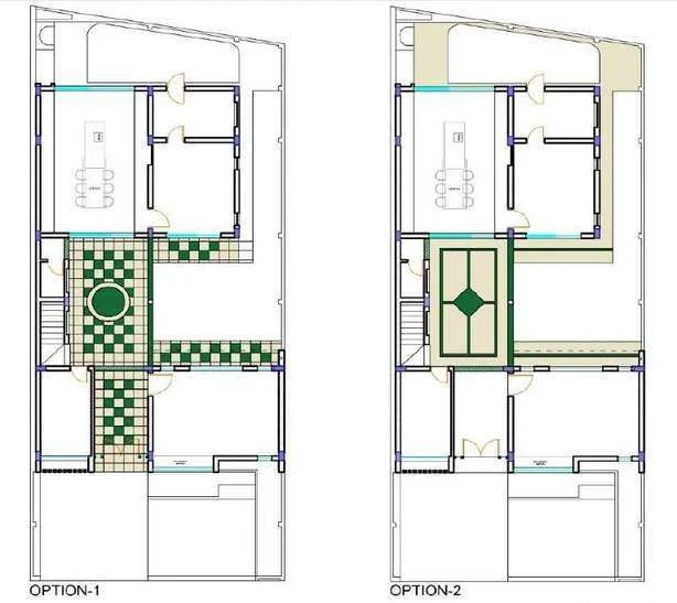 Two alternative ground floor plans for the residence, Option 1 and Option 2, showing the courtyard and patterned floor inlay.