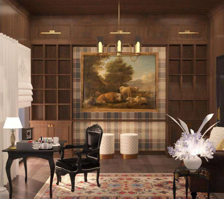 Study room lined floor to ceiling in dark wood shelving around a large framed landscape painting.