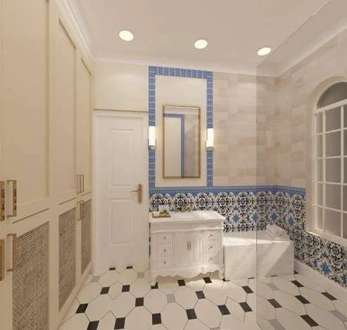 Second bathroom view showing the tiled dado, arched window and mirrored vanity.