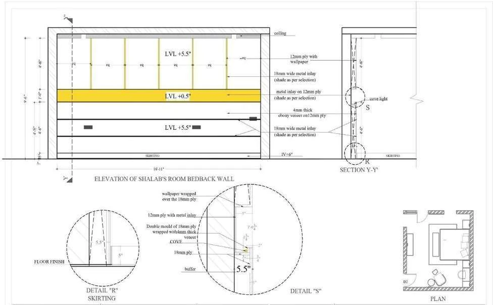 Elevation of the master bedroom bed back wall with level markers, cove light detail and skirting detail sections.