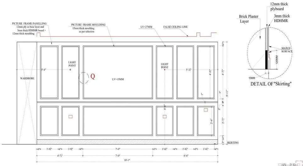 Bed back wall elevation with picture-frame panelling, brick plaster layer, plywood board build-up and a skirting detail.