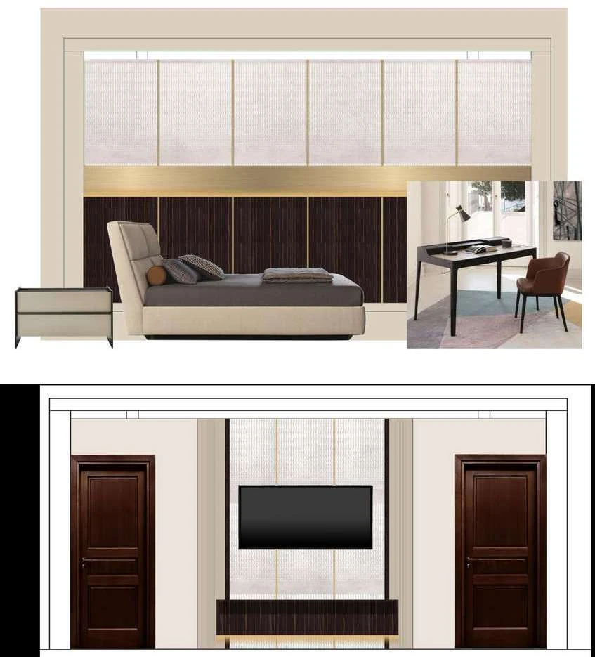Two rendered bedroom views: the bed with a dark timber back wall and desk beyond, and the TV wall flanked by panelled doors.