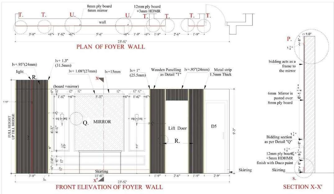 Front elevation of the foyer wall with mirror, lift door and wooden panelling, plus section X-X.