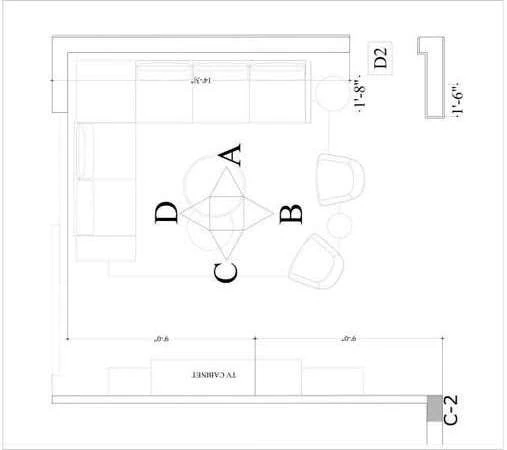 Room furniture layout keyed A to D to the surrounding wall elevations.